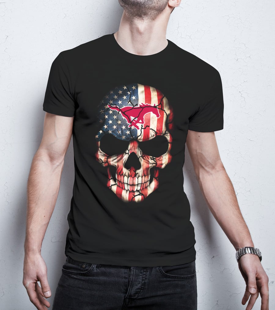 Usa Flag Skull With Smu Mustangs T-Shirt