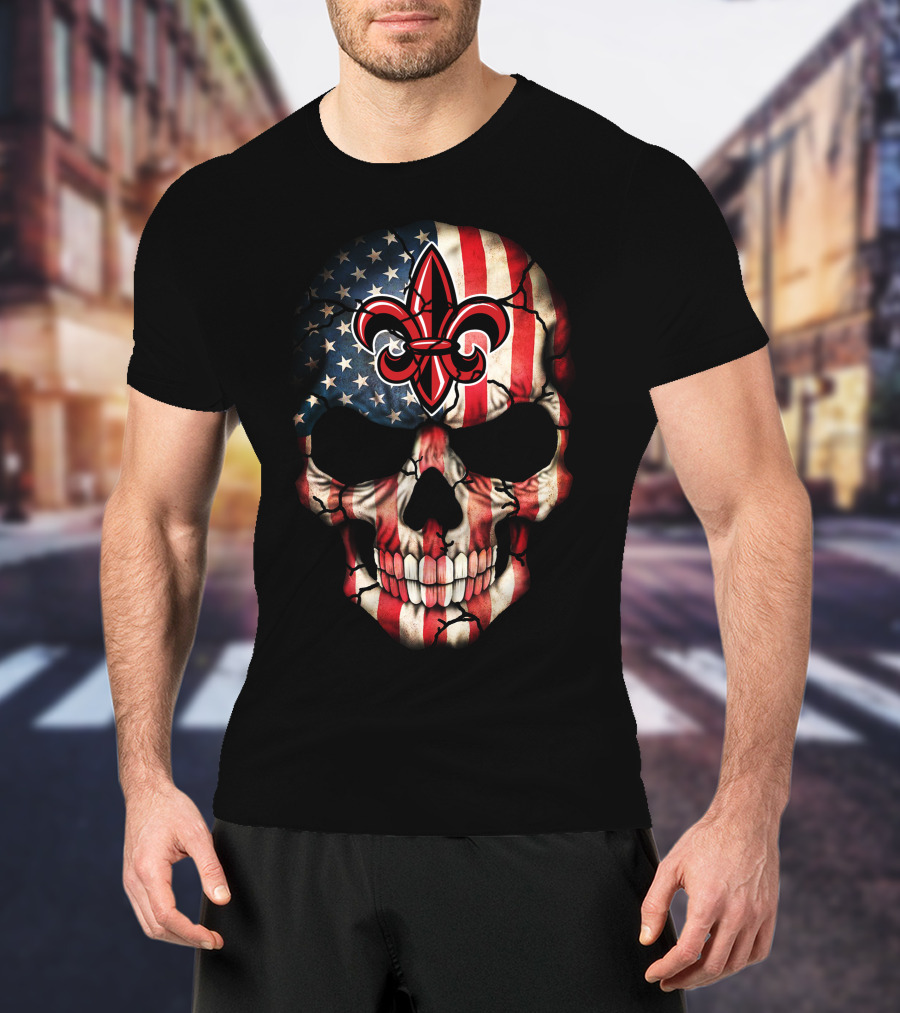 Ragin Cajuns Skull With American Flag And Fleur-De-Lis T-Shirt
