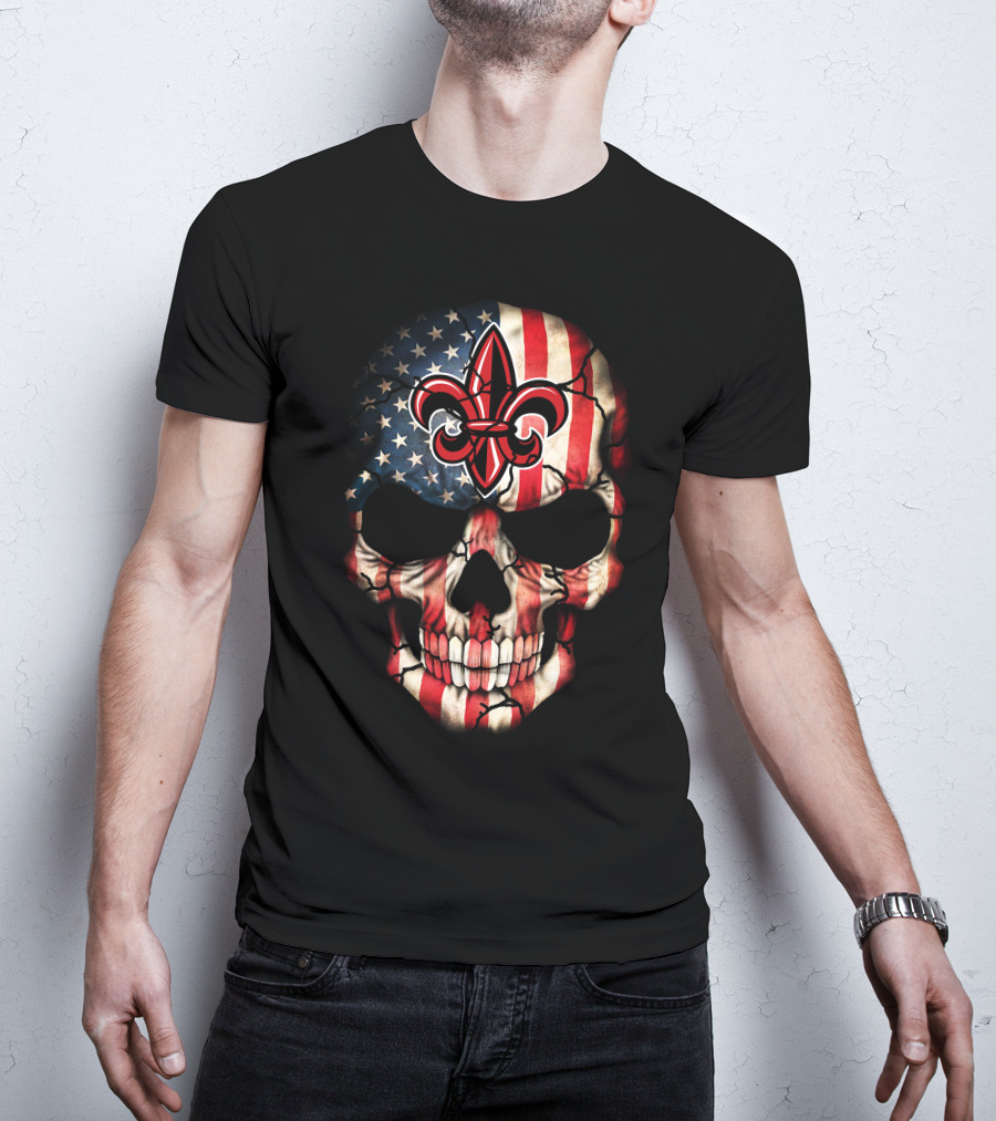 Ragin Cajuns Skull With American Flag And Fleur-De-Lis T-Shirt