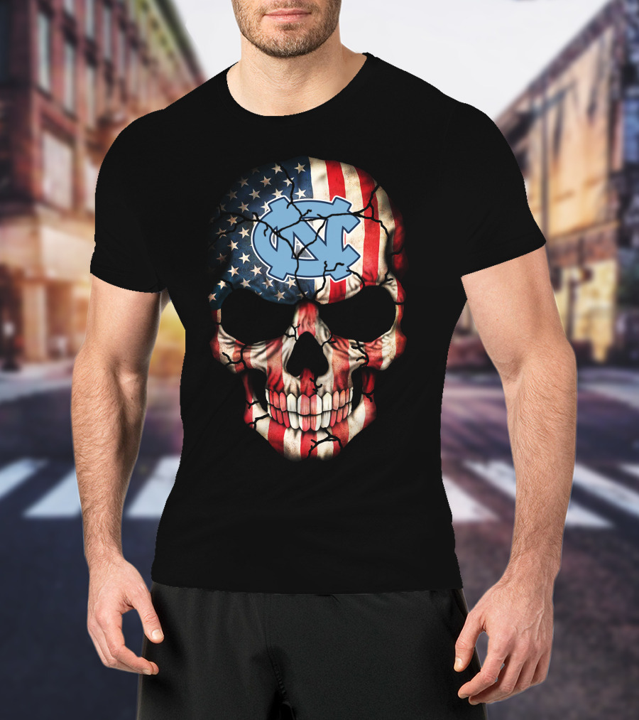North Carolina Tar Heels American Flag Skull T-Shirt