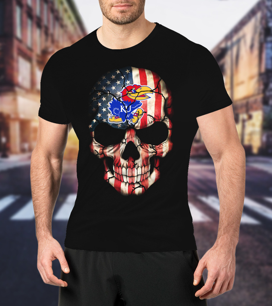 Patriotic Skull With Kansas Jayhawks Logo American Flag 80S Style T-Shirt