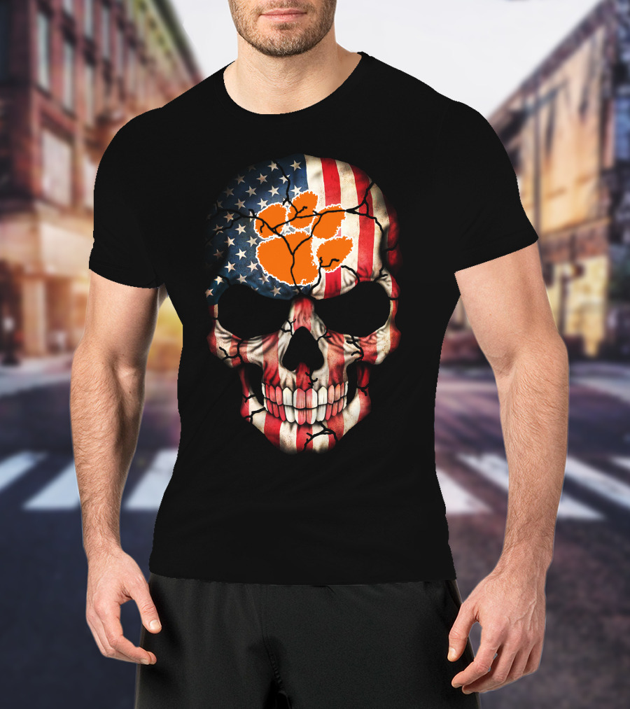 Clemson Tigers Skull American Flag Paw Print T-Shirt