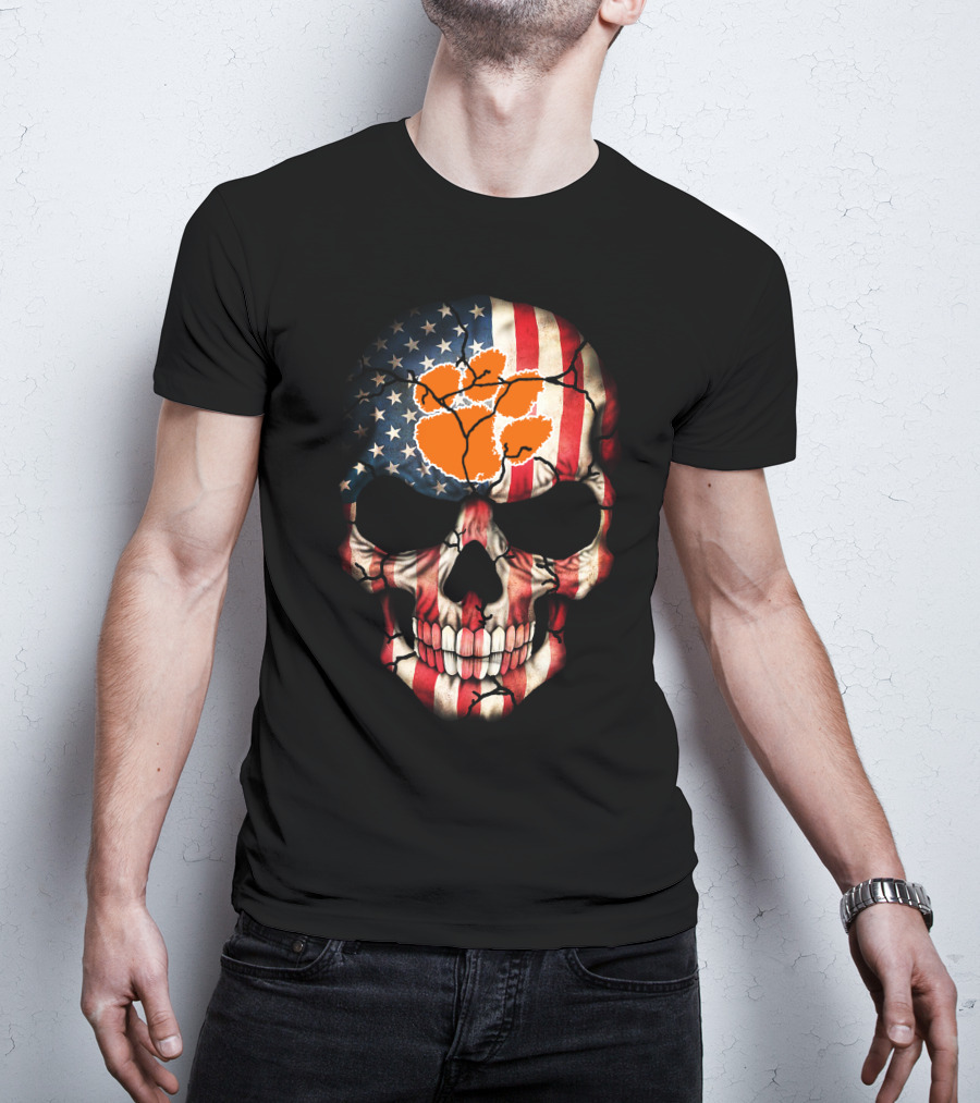 Clemson Tigers Skull American Flag Paw Print T-Shirt