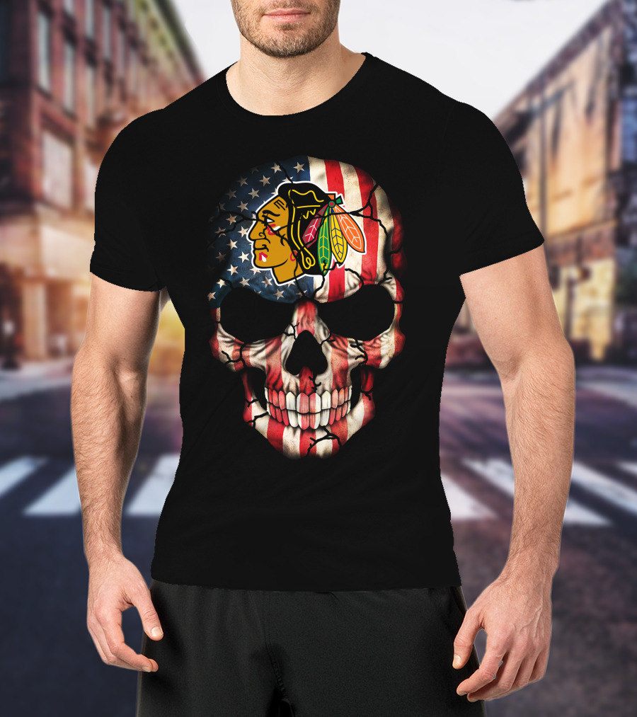 Chicago Blackhawks American Flag Skull T-Shirt