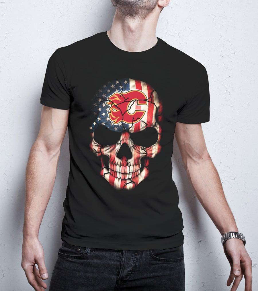 Calgary Flames Skull With American Flag T-Shirt