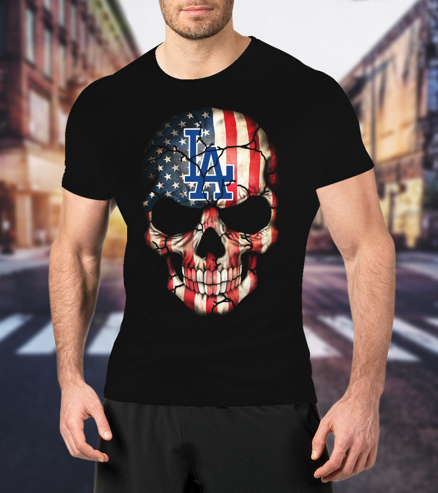 Los Angeles Dodgers Skull American Flag T-Shirt