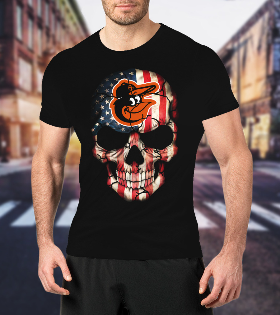 Baltimore Orioles American Flag Skull T-Shirt