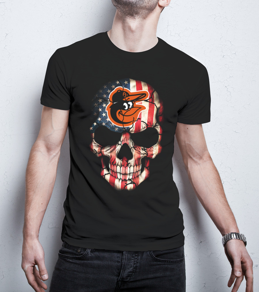 Baltimore Orioles American Flag Skull T-Shirt