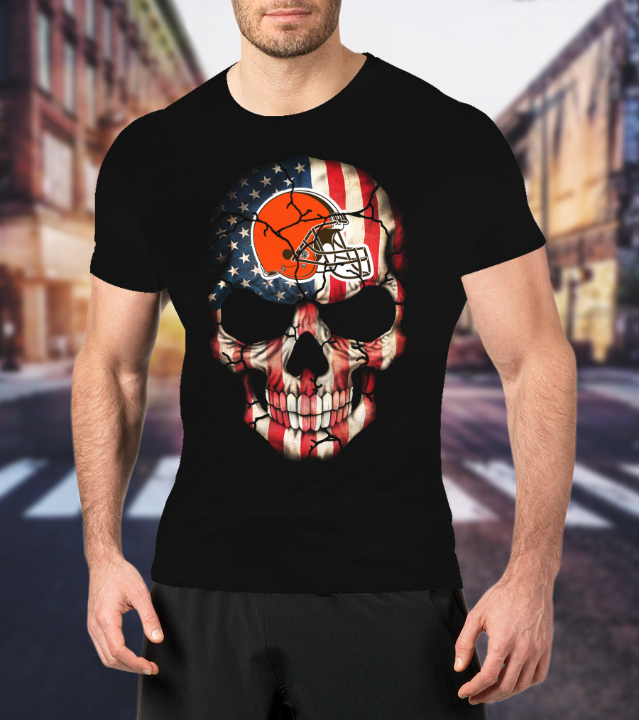 Cleveland Browns Skull American Flag Helmet Stars Stripes T-Shirt