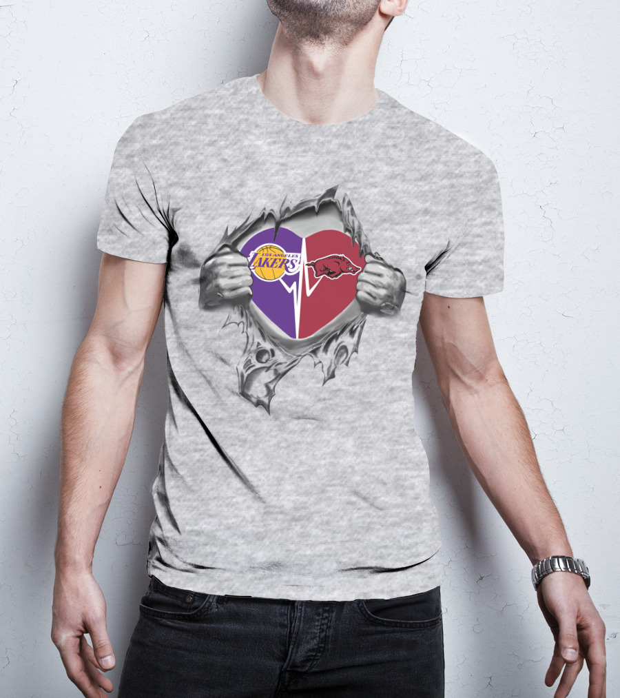 Lakers Razorbacks Heart Design With Dual Logo Integration T-Shirt