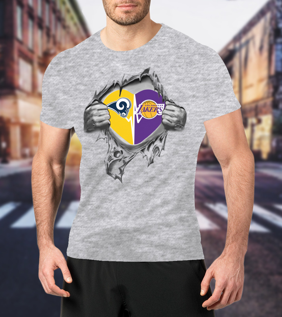 Lakers Rams Heart Logo Design With Emerging Hands T-Shirt
