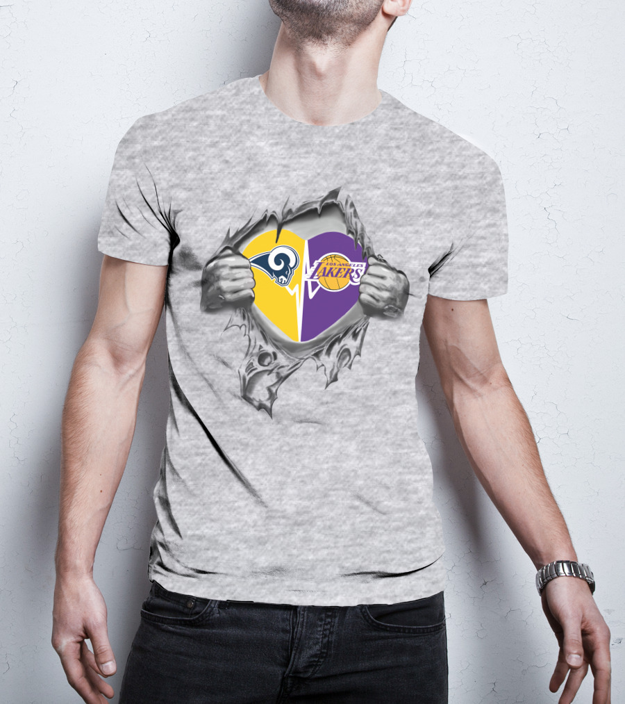 Lakers Rams Heart Logo Design With Emerging Hands T-Shirt
