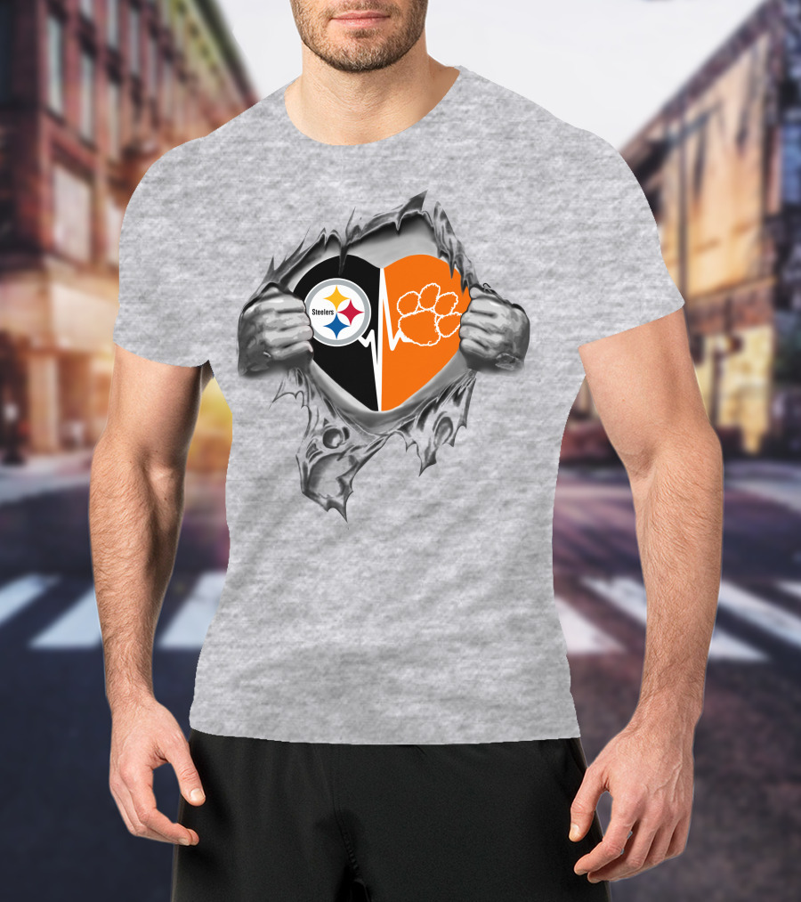 Steelers Clemson Tigers Heart Logo With Rip T-Shirt