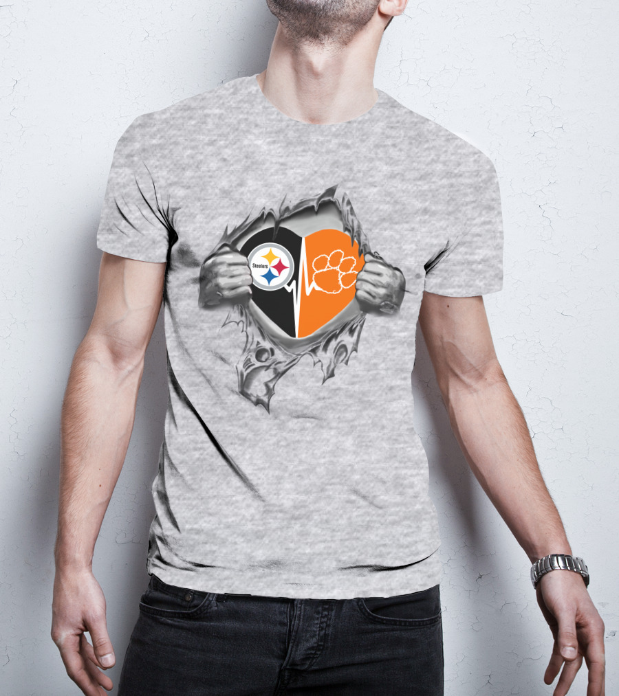 Steelers Clemson Tigers Heart Logo With Rip T-Shirt