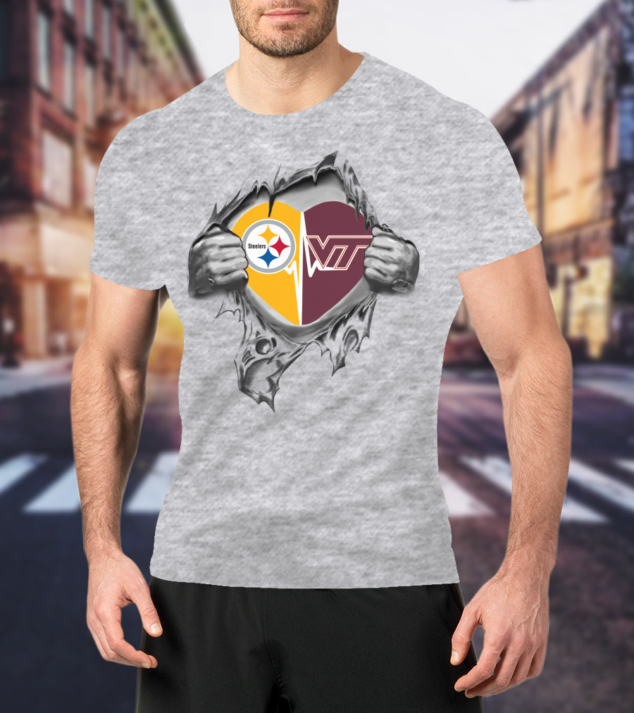 Steelers Virginia Tech Hokies Heart Logo Fusion T-Shirt