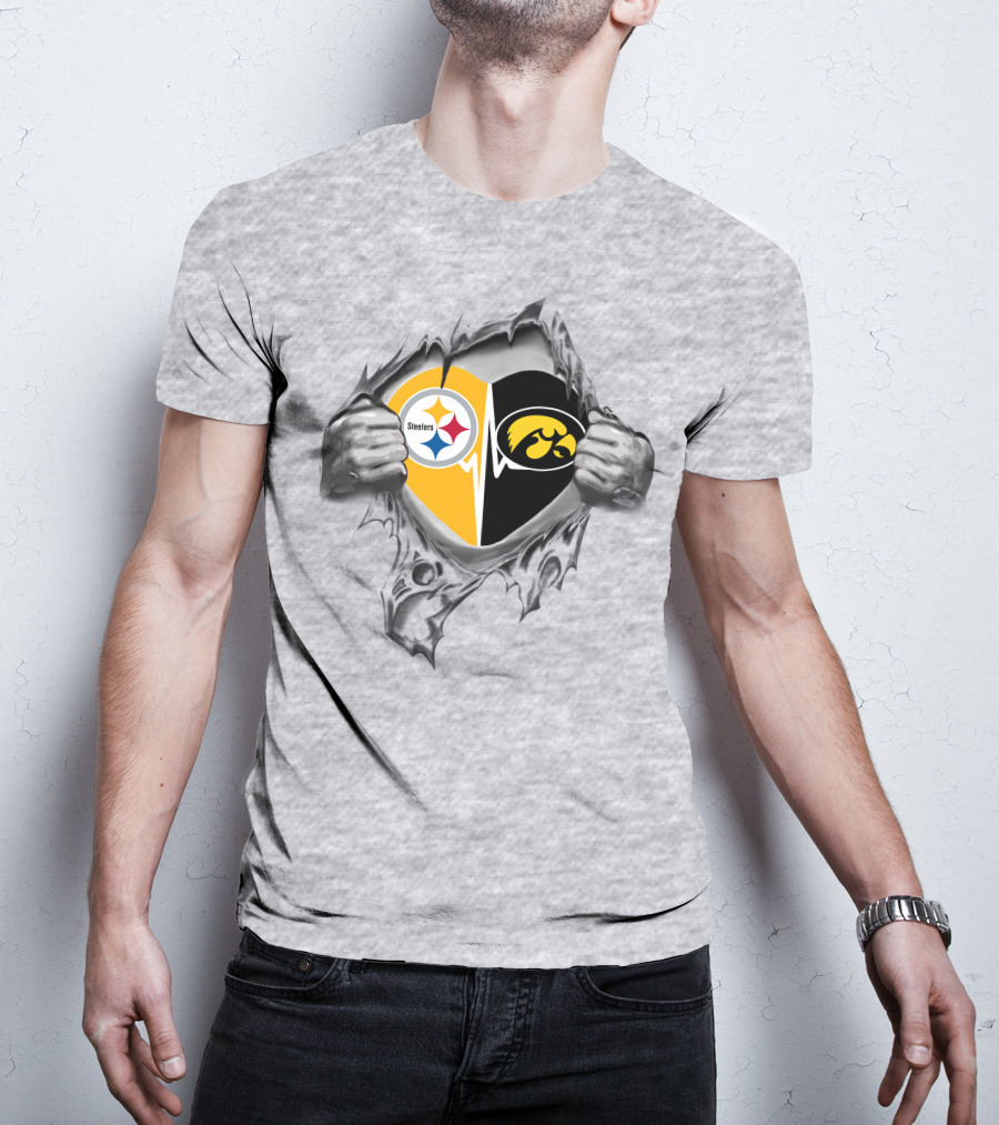 Steelers Iowa Hawkeyes Heart Design With Torn Fabric Effect T-Shirt