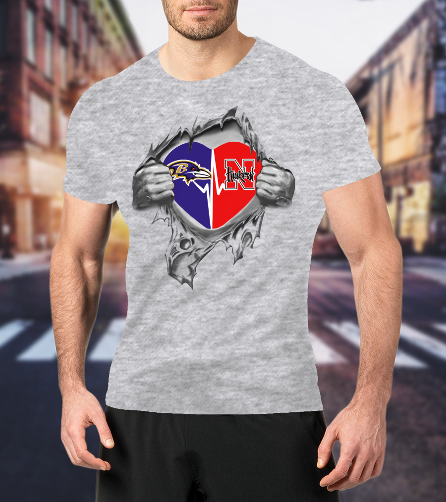 Ravens Nebraska Cornhuskers Heart Rip Logo Fusion T-Shirt