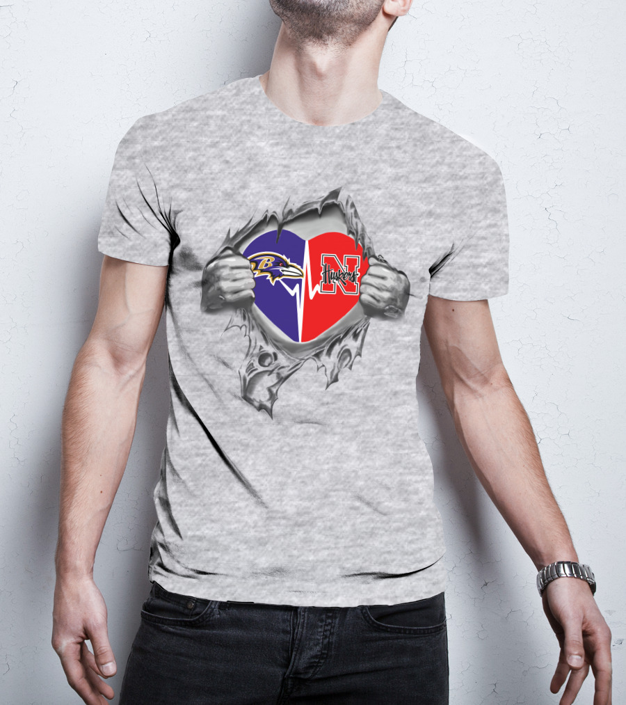 Ravens Nebraska Cornhuskers Heart Rip Logo Fusion T-Shirt
