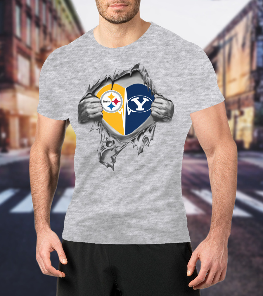 Steelers Byu Cougars Heart Symbol With Torn T-Shirt