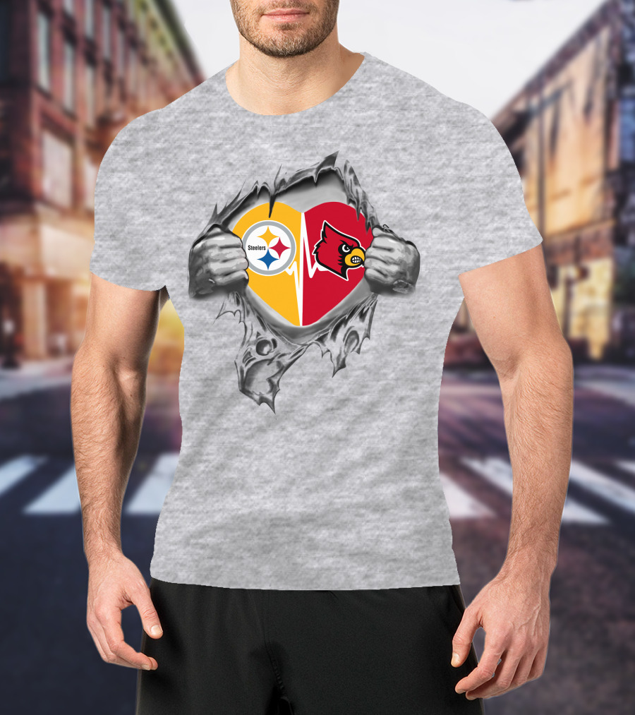 Steelers And Louisville Cardinals Heart With Torn Metal Effect T-Shirt