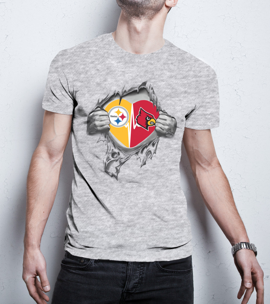 Steelers And Louisville Cardinals Heart With Torn Metal Effect T-Shirt