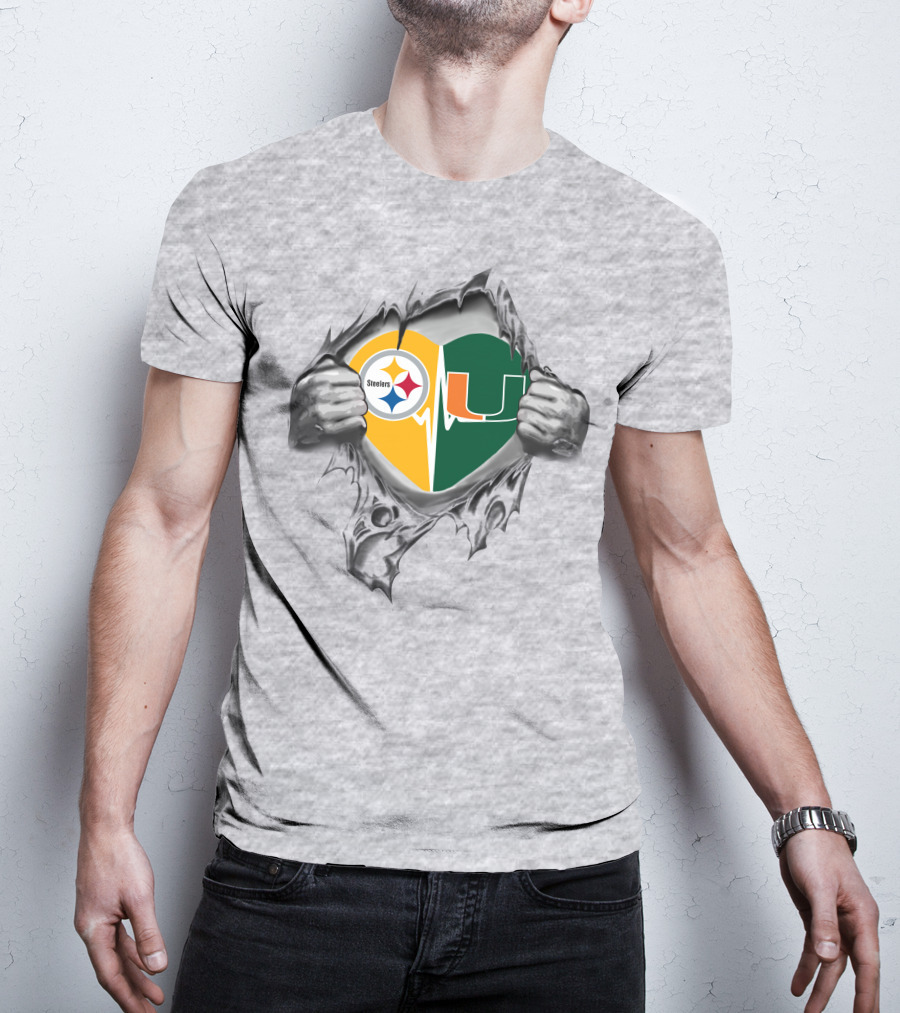 Steelers Miami Hurricanes Heart With Team Logos And Torn Metal Effect T-Shirt