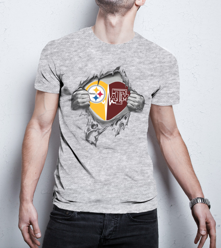 Steelers Texas A&M Aggies Heart Logo Collaboration T-Shirt