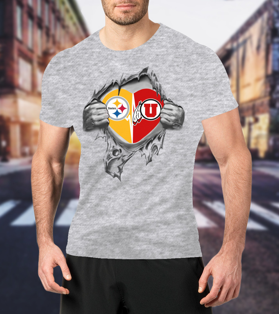 Steelers Utah Utes Heart Dual Loyalty Fusion T-Shirt