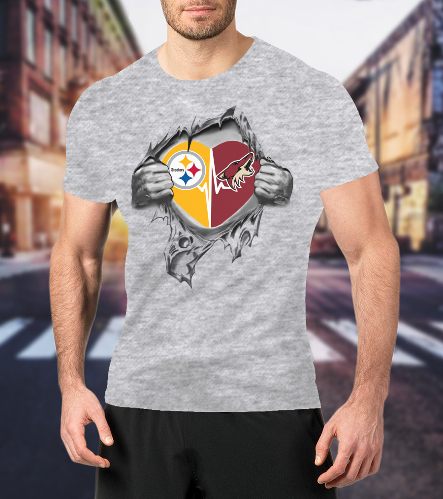 Steelers Arizona Coyotes Heartbeat Torn Fabric T-Shirt