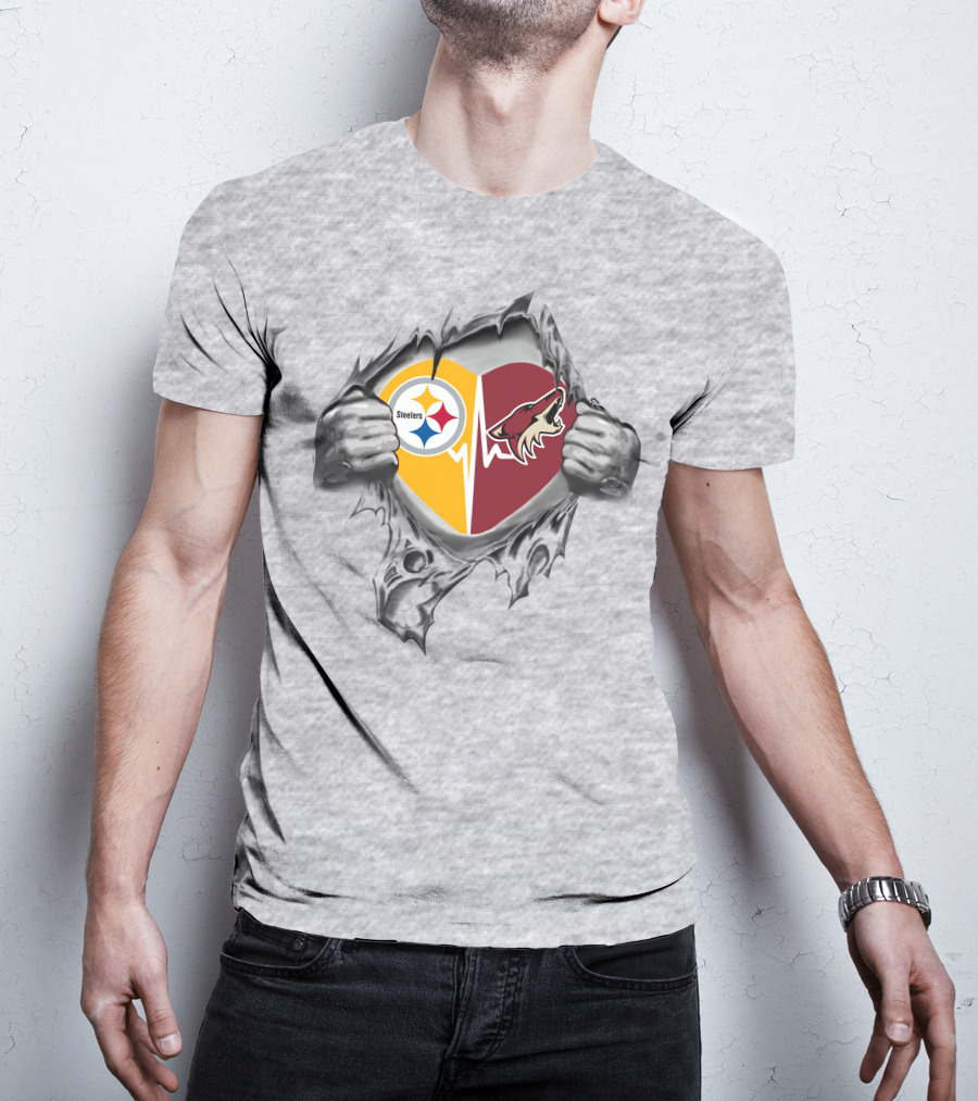 Steelers Arizona Coyotes Heartbeat Torn Fabric T-Shirt