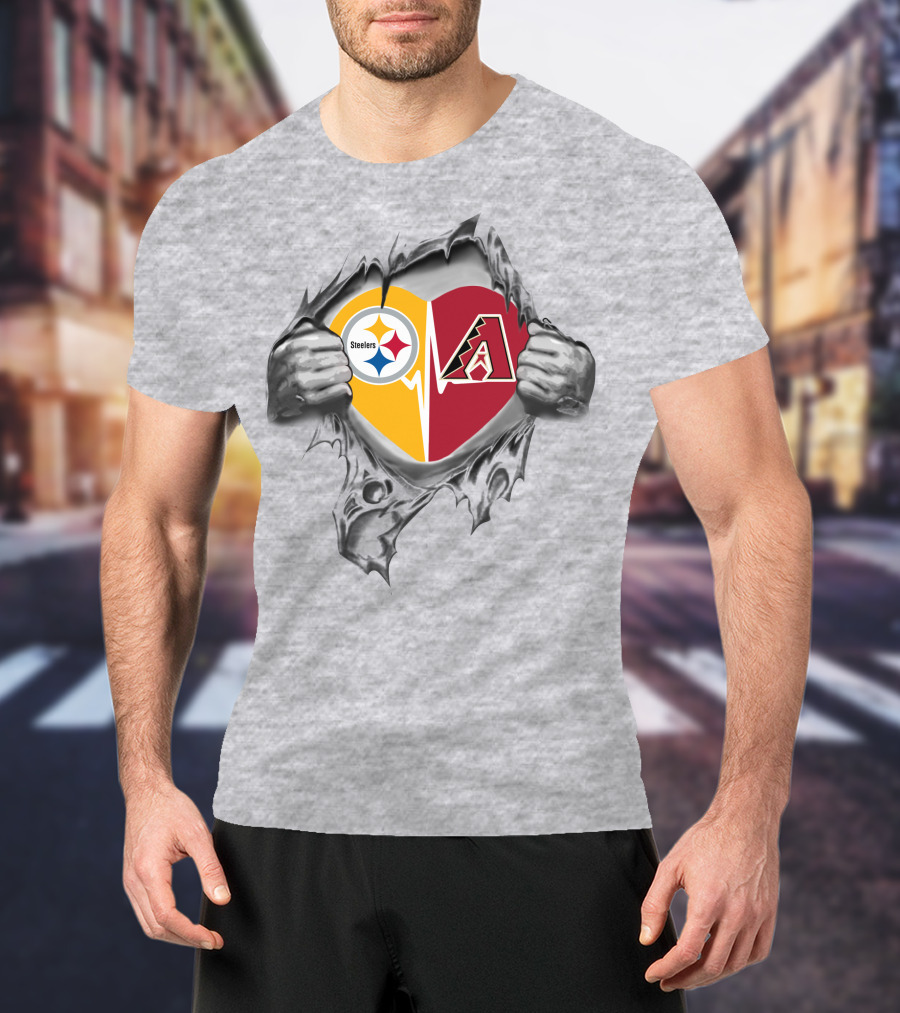 Steelers Arizona Diamondbacks Heart With Logos Inside Ripped T-Shirt