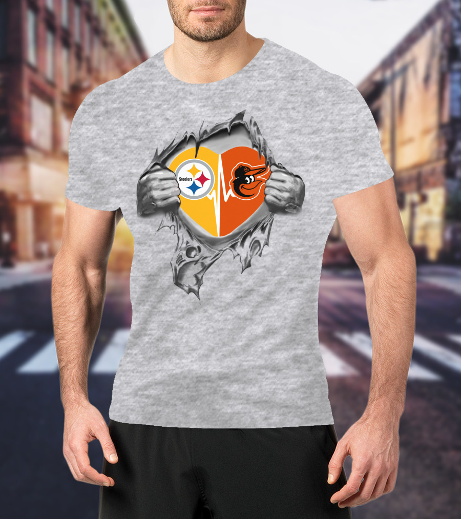 Steelers Baltimore Orioles Heart With Logos And Hands Peeling T-Shirt