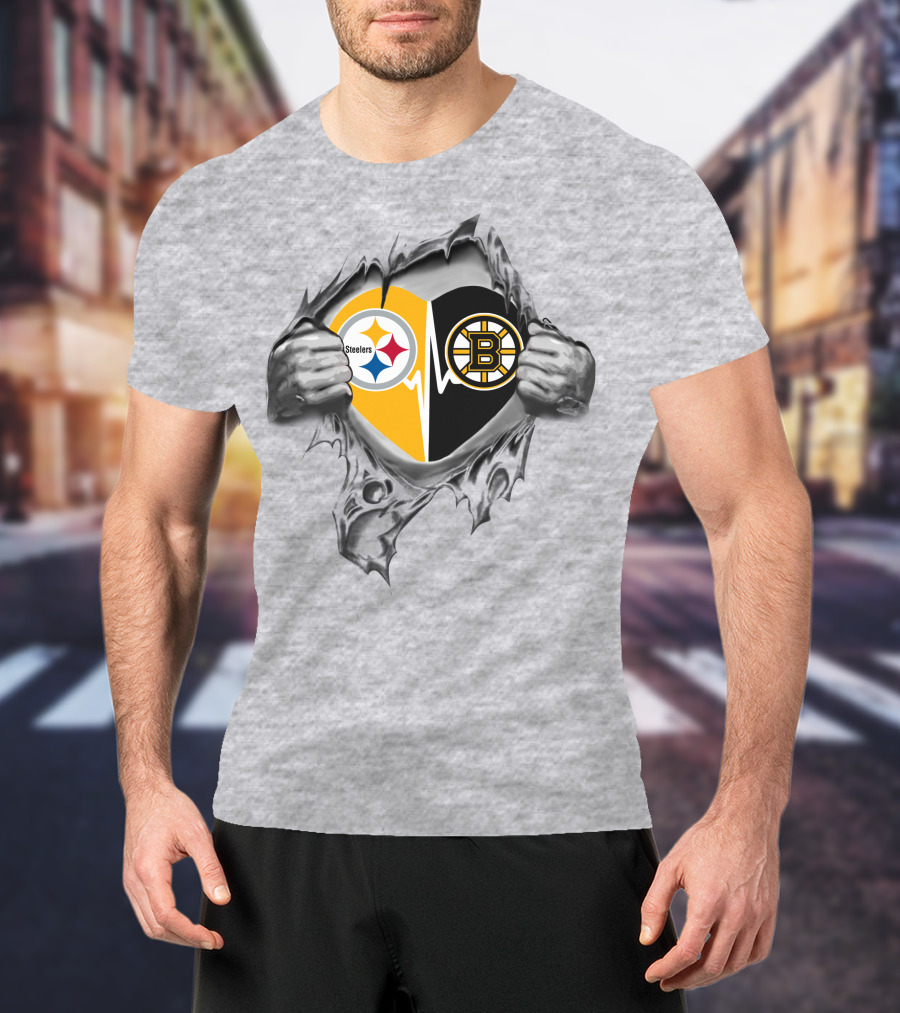Steelers Boston Bruins Heartbeat Symbol With Team Logos T-Shirt
