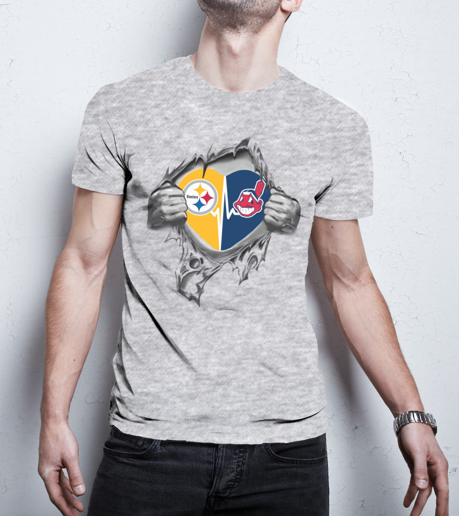 Steelers Cleveland Indians Heart Design Featuring Logos And Hands T-Shirt