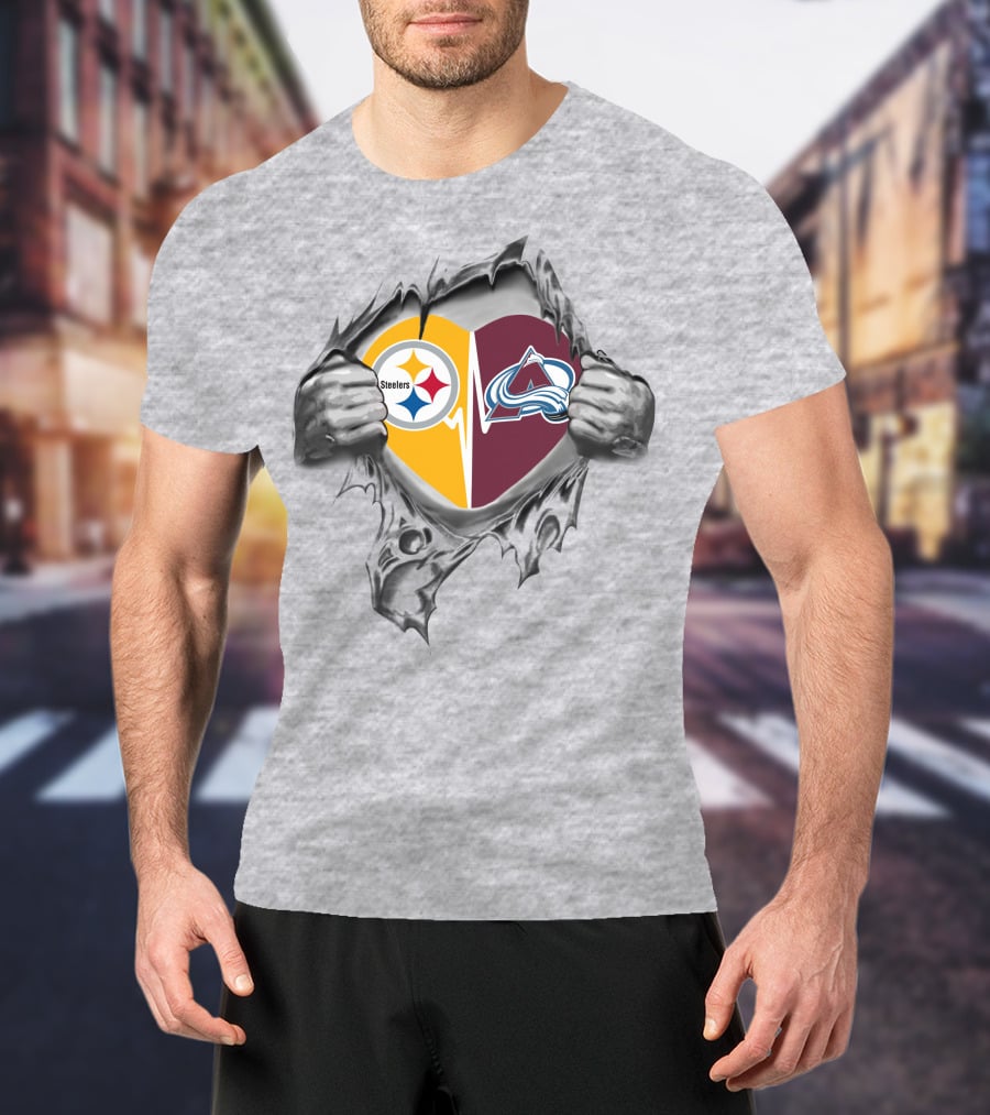 Steelers Colorado Avalanche Heart With Logos Torn Metal Effect T-Shirt