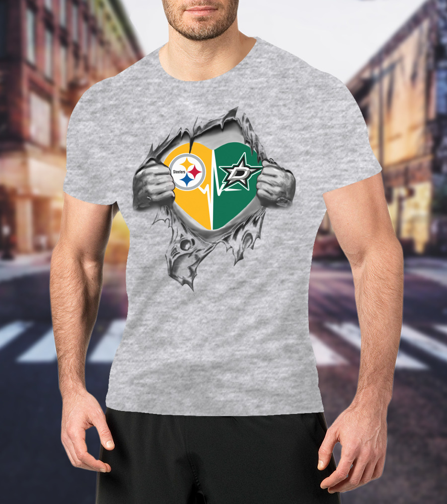 Steelers Dallas Stars Heart Design Featuring Team Logos T-Shirt