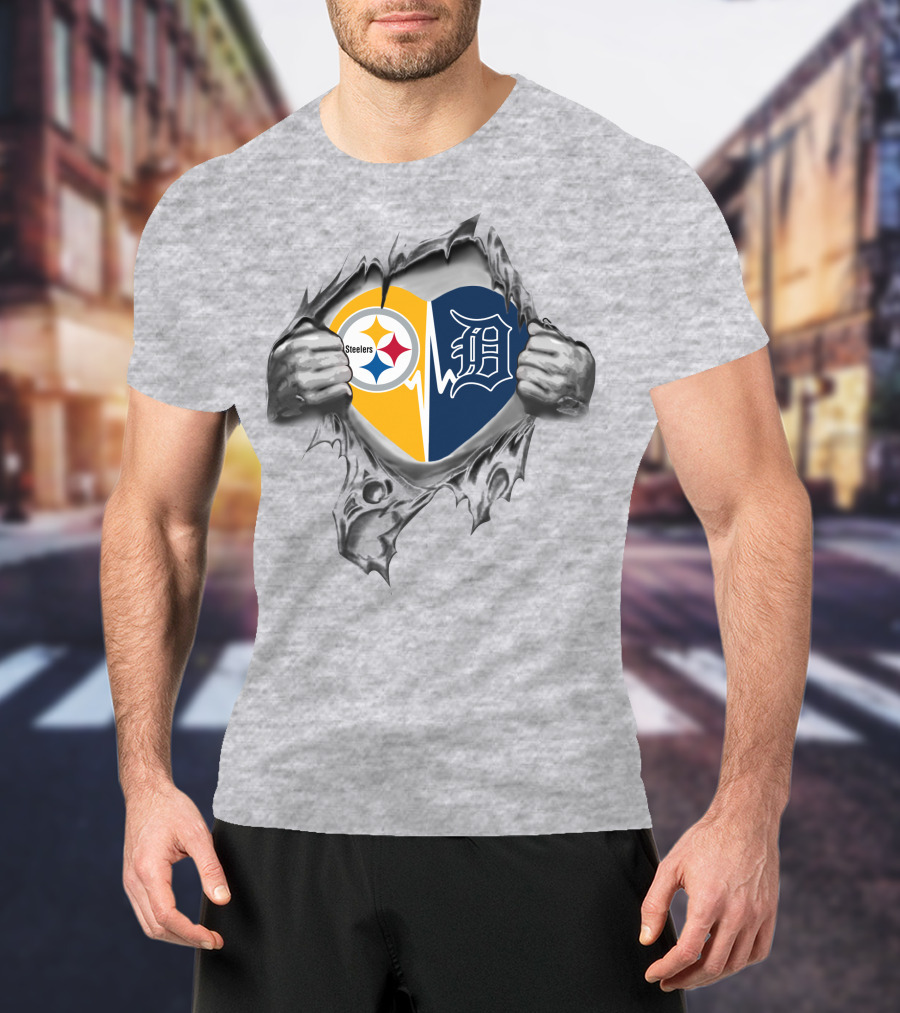 Steelers Detroit Tigers Heart With Logos And Ripped T-Shirt