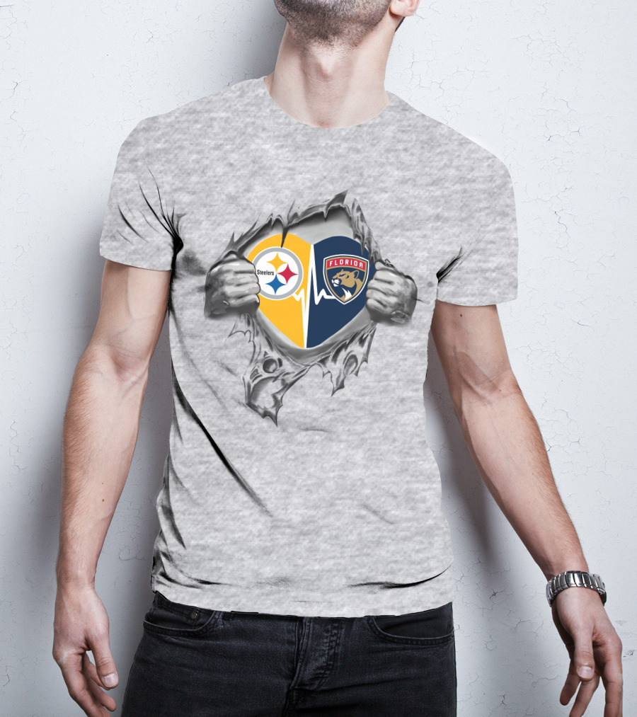 Steelers Florida Panthers Heartbeat Emblem With Open Hands Rip T-Shirt