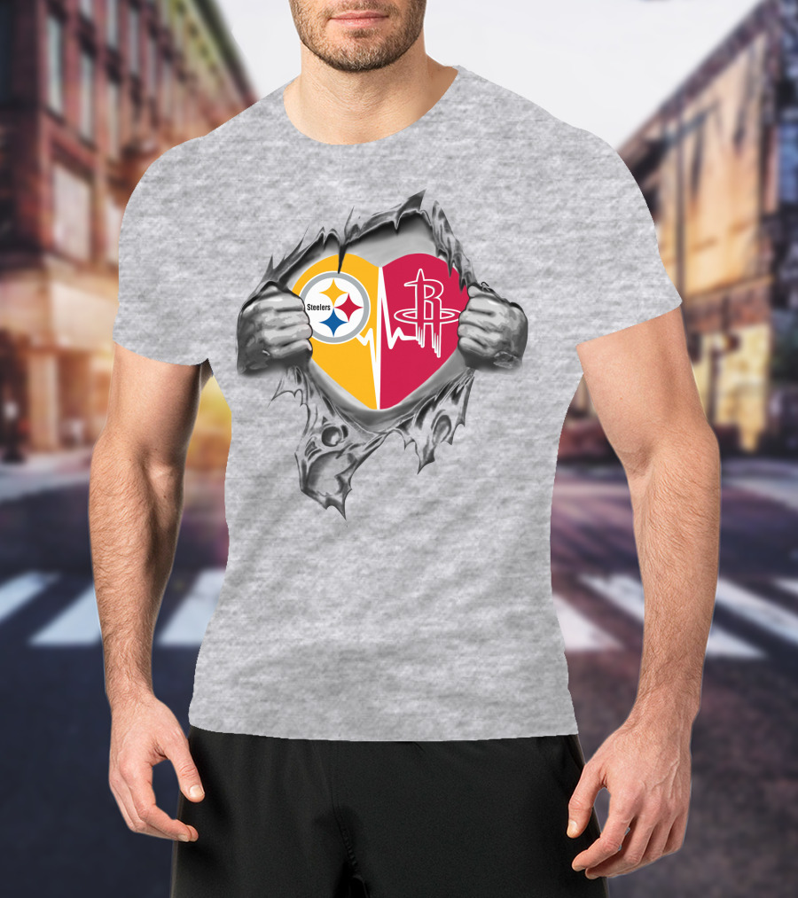 Steelers And Houston Rockets Heartbeat Loyalty Fusion T-Shirt