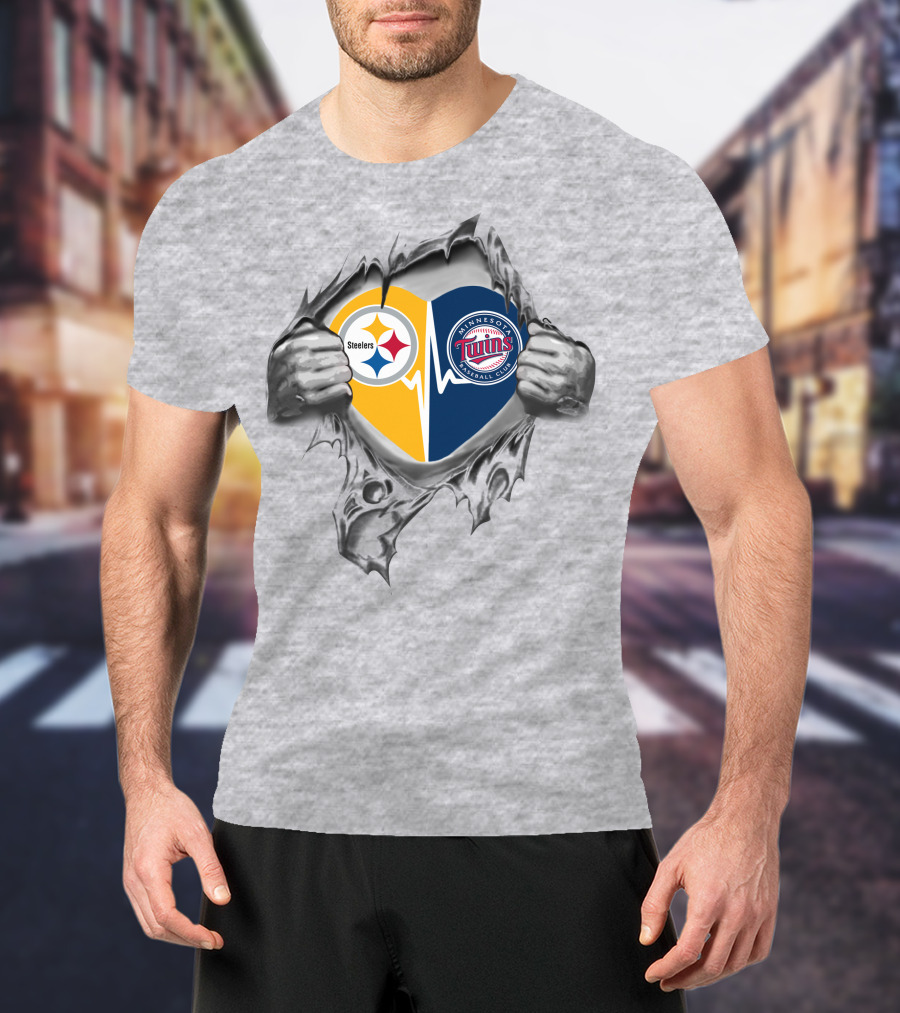 Steelers Minnesota Twins Heartbeat Passion Steelers Logo Minnesota Twins Baseball Club T-Shirt