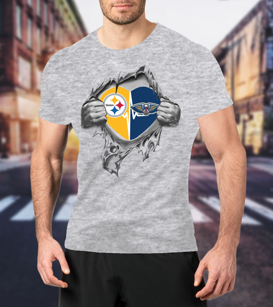 Steelers New Orleans Pelicans Heart Logos Peeking Through Torn Surface T-Shirt
