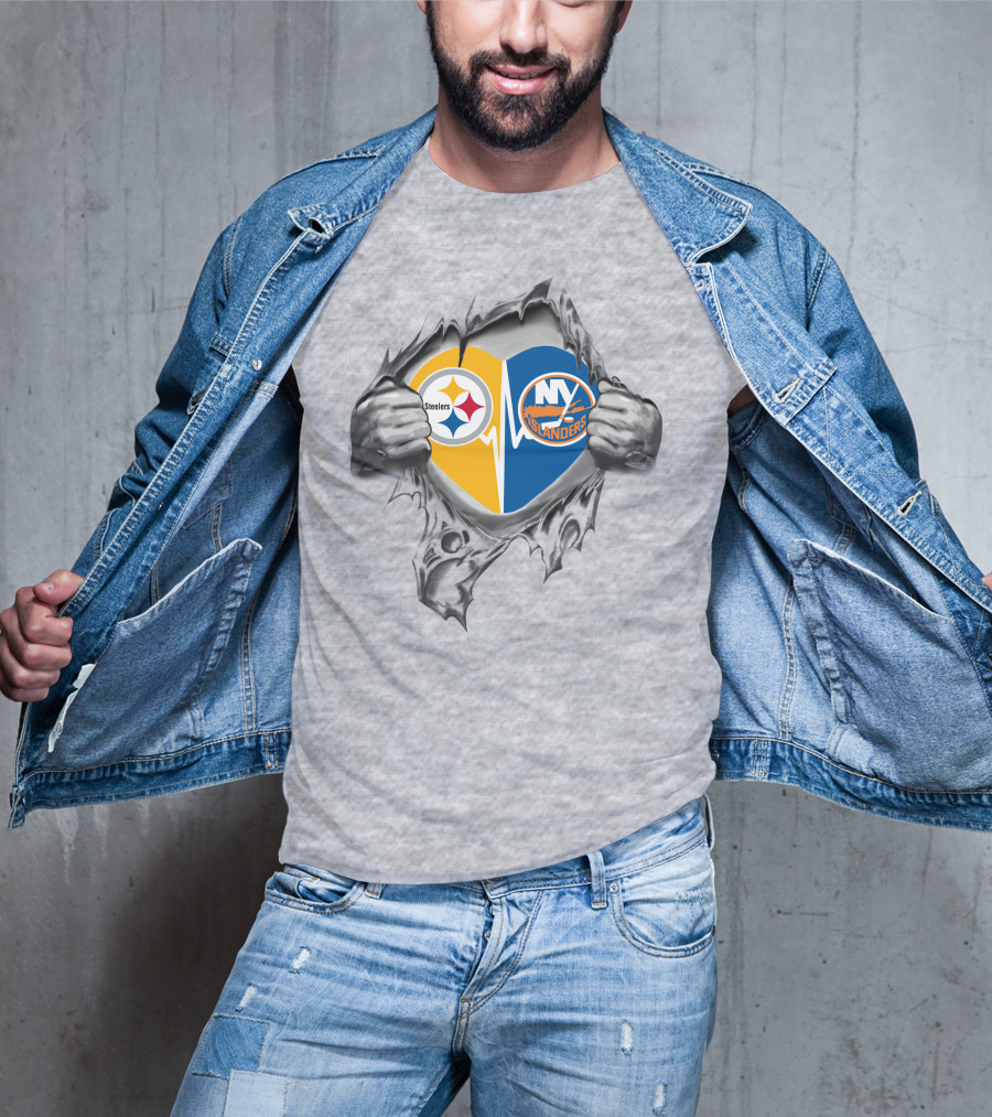 Steelers New York Islanders Heart Design With Logos And Hands T-Shirt