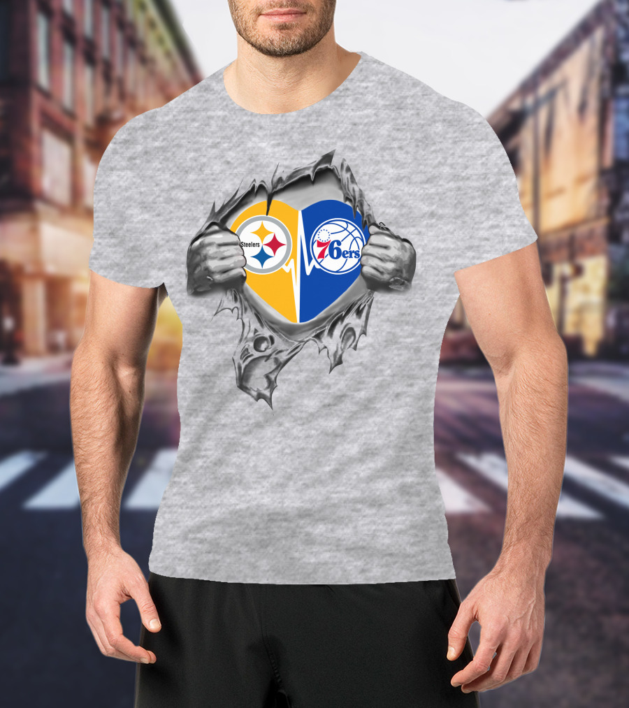 Steelers Philadelphia 76ers Heart Logo Torn T-Shirt