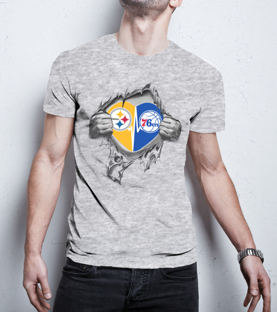 Steelers Philadelphia 76ers Heart Logo Torn T-Shirt
