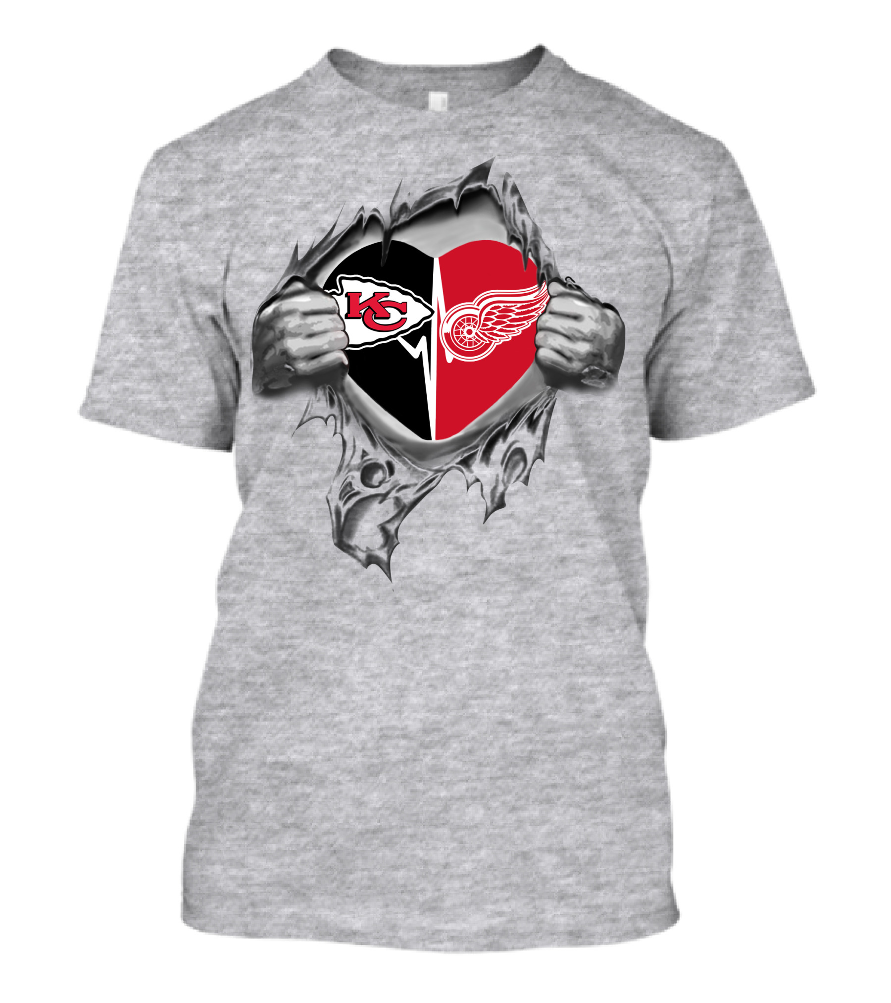 Chiefs Detroit Red Wings Heart Logo Hands Tearing T-Shirt