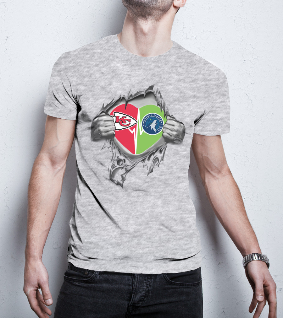 Chiefs Minnesota Timberwolves Heart Design With Logos And Hand Ripping Effect T-Shirt