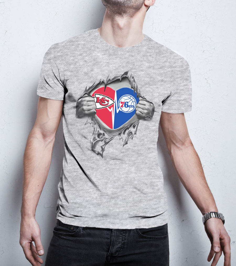 Chiefs Philadelphia 76ers Heart Torn Design Featuring Nfl And Nba Logos T-Shirt