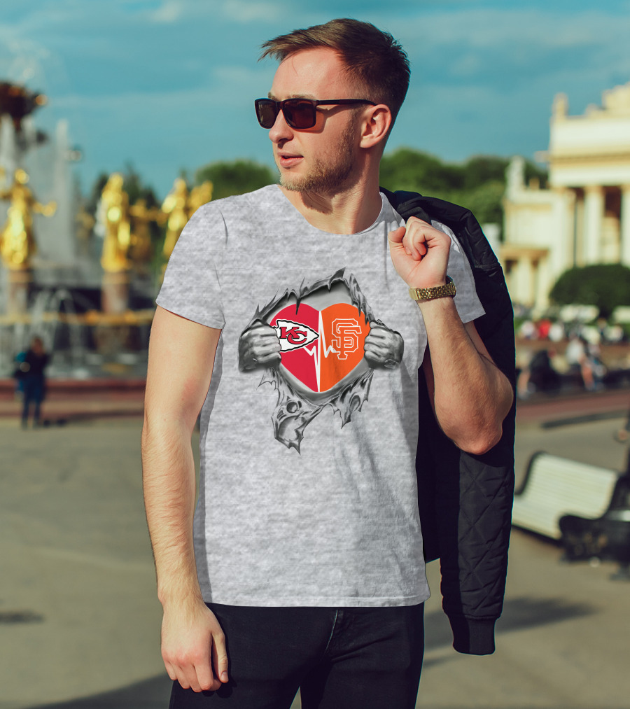 Chiefs San Francisco Giants Heart With Logos Chiefs Arrowhead Sf Monogram T-Shirt