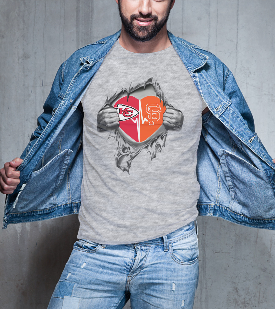 Chiefs San Francisco Giants Heart With Logos Chiefs Arrowhead Sf Monogram T-Shirt
