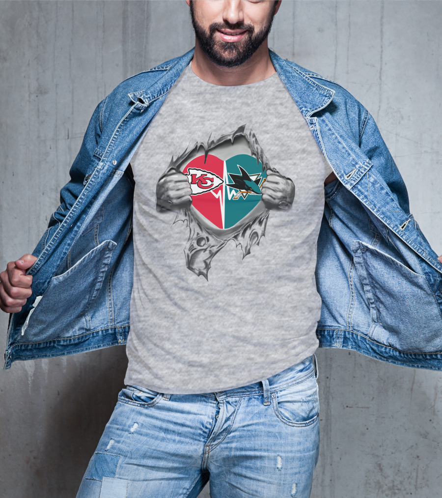 Chiefs San Jose Sharks It's In My Heart Torn Metal Design With Logos T-Shirt